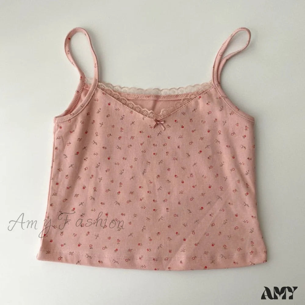 Amy Fashion - Vintage Lace Slim Cute Tops Print-Pink / One Size