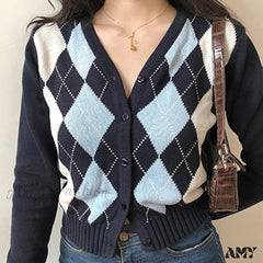 Amy Fashion - Vintage V-Neck Plaid Long Sleeve Cardigan Navy Blue / One Size