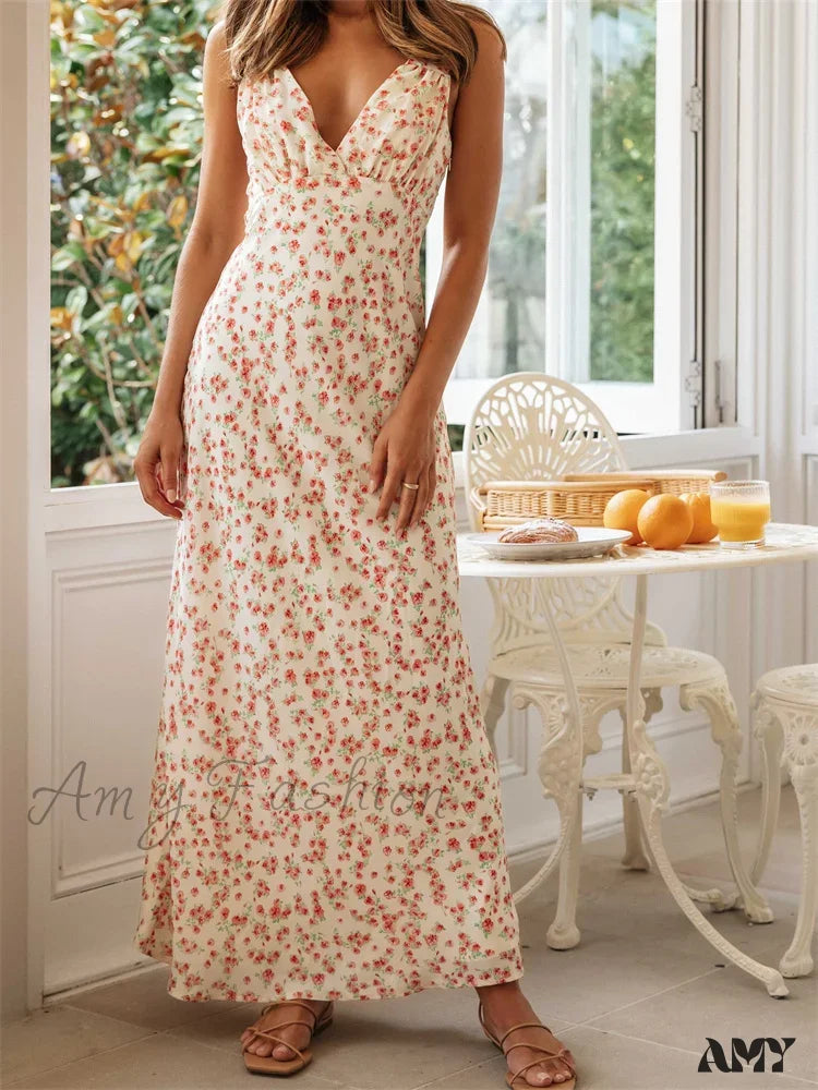 Amy Fashion - Vintage Women Sleeveless Deep V-Neck Ruched Backless Floral Print Summer Beach Female