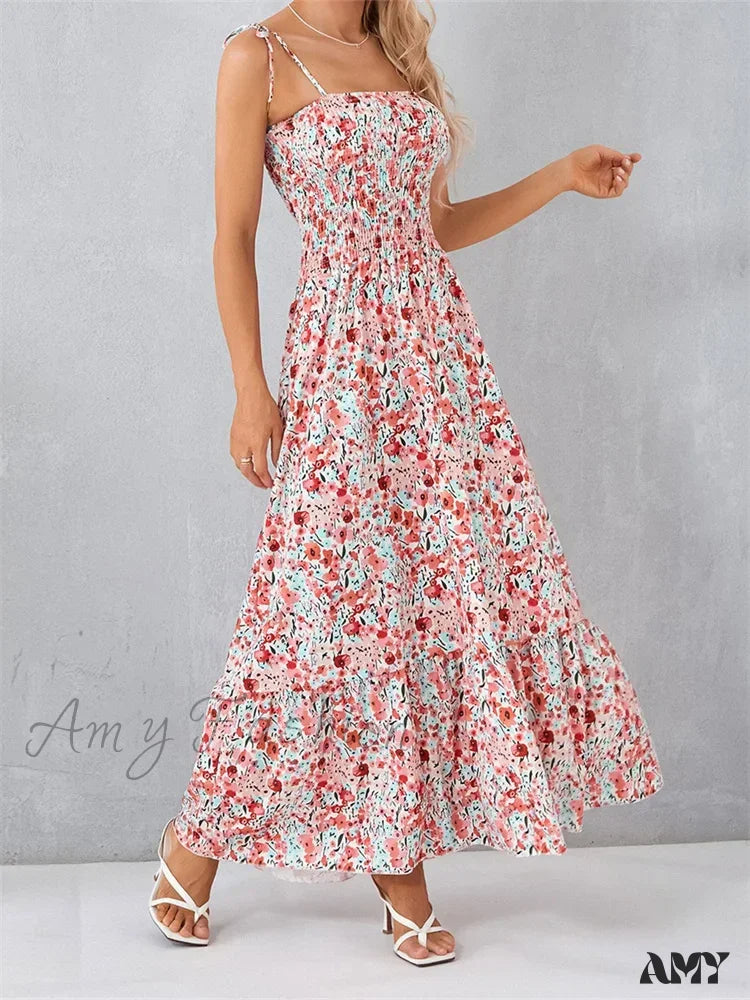 Amy Fashion - Vintage Women Sleeveless Tie-Up Spaghetti Strap Floral Print Summer Party Beach