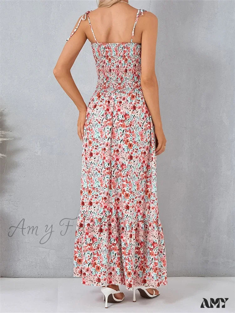 Amy Fashion - Vintage Women Sleeveless Tie-Up Spaghetti Strap Floral Print Summer Party Beach