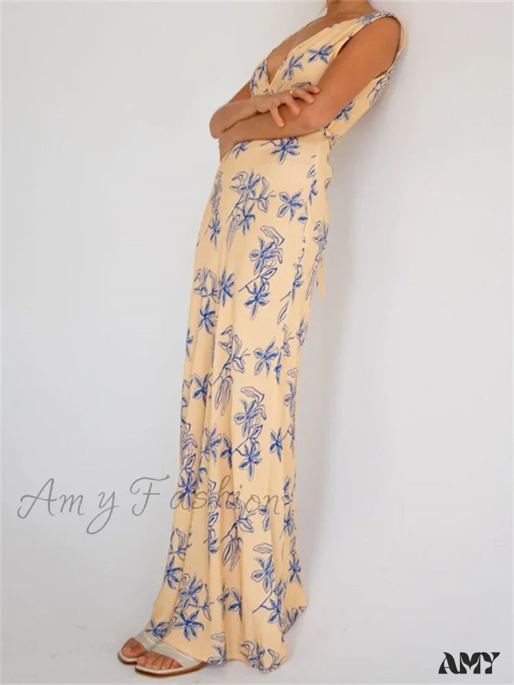 Amy Fashion - Vintage Women Sleeveless V-Neck Backless Flower Print Summer For Vacation Party