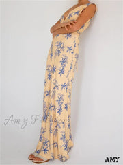 Amy Fashion - Vintage Women Sleeveless V-Neck Backless Flower Print Summer For Vacation Party