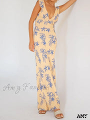 Amy Fashion - Vintage Women Sleeveless V-Neck Backless Flower Print Summer For Vacation Party