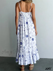 Amy Fashion - Vintage Women Summer Sleeveless Spaghetti Strap Floral Print Party Loose Casual