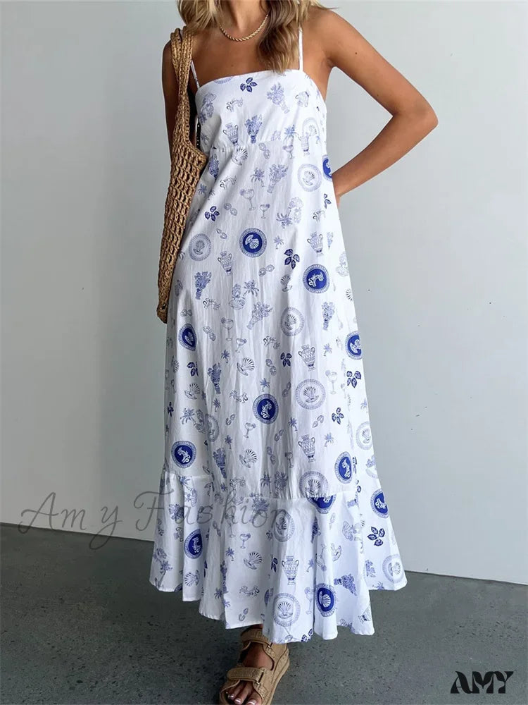Amy Fashion - Vintage Women Summer Sleeveless Spaghetti Strap Floral Print Party Loose Casual