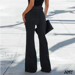 Amy Fashion - Wide Leg Flare Full Length Slim Skinny High Waist Vintage Fashionable Denim Jean