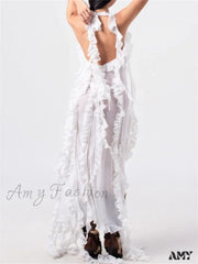 Amy Fashion - Women 3D Floral Tassels Ruffles Sheer Mesh See Through Y2K Off Shoulder Backless Sexy