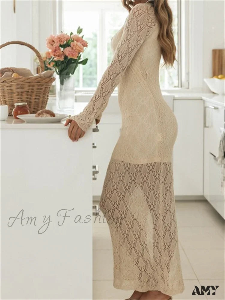 Amy Fashion - Women Bodycon Lace See Through Hollow Out O-Neck Sleeve Back Split Party Female