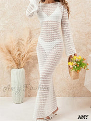 Amy Fashion - Women Crochet Knitted Casual Sleeve Round Neck Backless Tie-Up Solid Hollow Out Beach