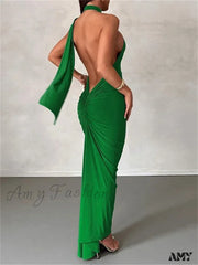 Amy Fashion - Women Halter Lace-Up Sleeveless Off Shoulder Backless Ruched Party Club Solid Color