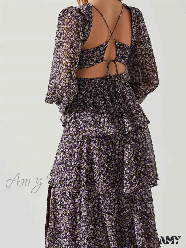Amy Fashion - Women High Split Floral Print Puff Sleeve V Neck Layered Ruffles Hem Spring Fall