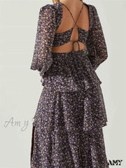 Amy Fashion - Women High Split Floral Print Puff Sleeve V Neck Layered Ruffles Hem Spring Fall