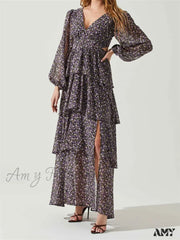 Amy Fashion - Women High Split Floral Print Puff Sleeve V Neck Layered Ruffles Hem Spring Fall