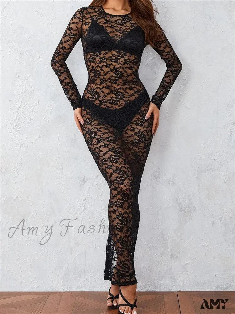 Amy Fashion - Women Lace Floral See Through Vintage Sleeve Round Neck Solid Back Split Party Female