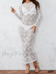 Amy Fashion - Women Lace Floral See Through Vintage Sleeve Round Neck Solid Back Split Party Female