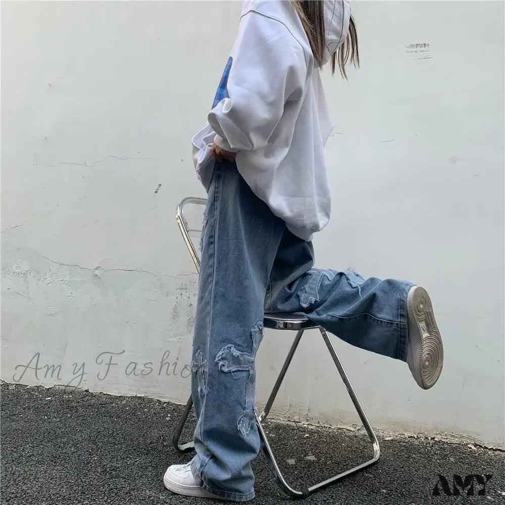 Amy Fashion - Women Pant Woman High Waist Denim Pants Wide Leg Clothing Blue Vintage Quality