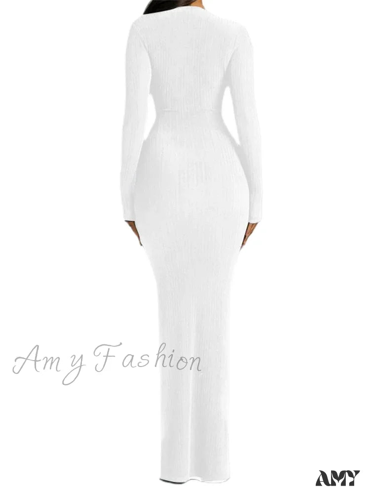 Amy Fashion - Women Ribbed Bodycon Solid Color Low-Cut V-Neck Tie-Up Sleeve Spring Autumn Party