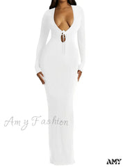 Amy Fashion - Women Ribbed Bodycon Solid Color Low-Cut V-Neck Tie-Up Sleeve Spring Autumn Party