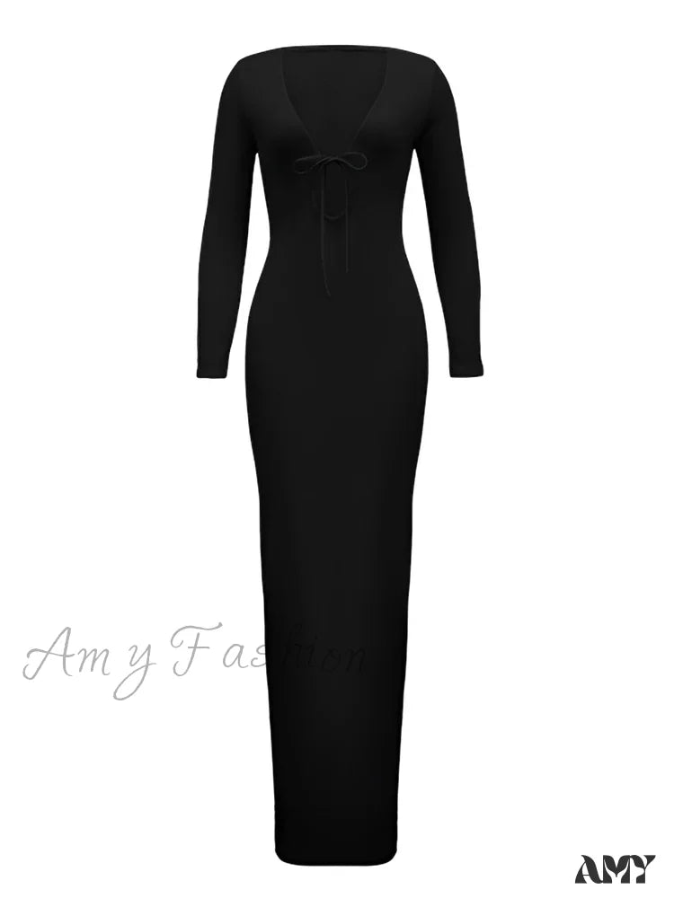 Amy Fashion - Women Ribbed Bodycon Solid Color Low-Cut V-Neck Tie-Up Sleeve Spring Autumn Party