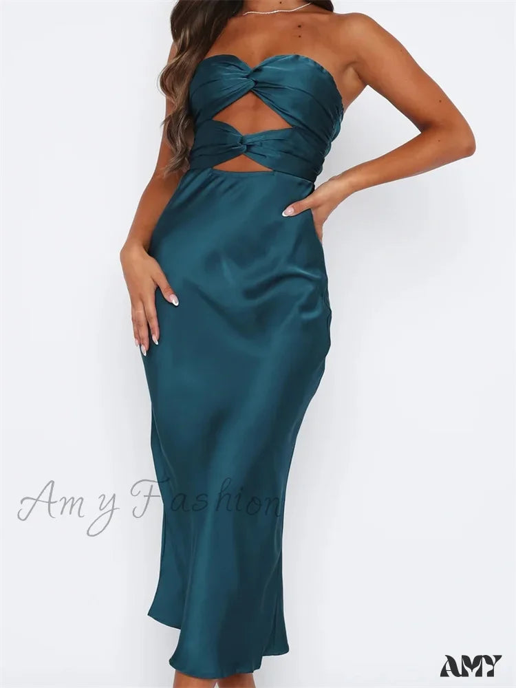 Amy Fashion - Women Sexy Strapless Backless Low Cut Off Shoulder Tube Party Satin Female Vestidos