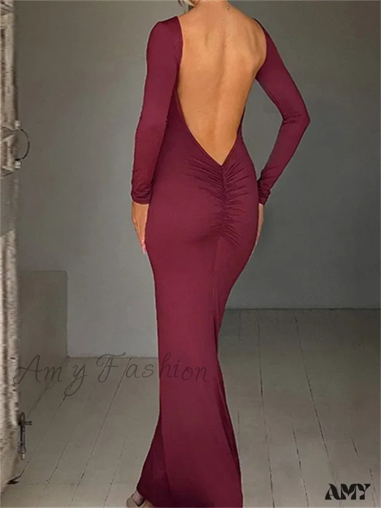 Amy Fashion - Women Sleeve Solid Color Round Neck Backless Ruched Spring Summer Party Female