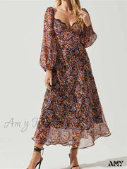 Amy Fashion - Women Spring Fall Vintage Floral Print V-Neck Puff Sleeve Backless Holiday Vestido