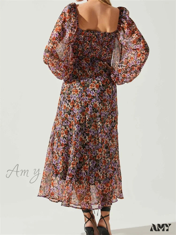 Amy Fashion - Women Spring Fall Vintage Floral Print V-Neck Puff Sleeve Backless Holiday Vestido