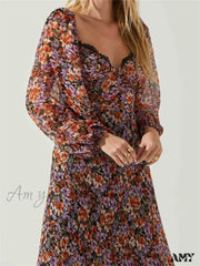 Amy Fashion - Women Spring Fall Vintage Floral Print V-Neck Puff Sleeve Backless Holiday Vestido