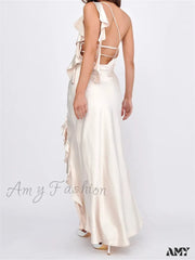 Amy Fashion - Women Summer Evening Sleeveless Strap Backless Off Shoulder High Split Ruffles Party