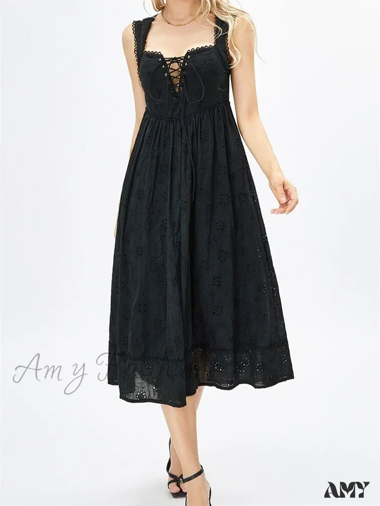 Amy Fashion - Women Summer Lace Floral Backless Tie-Up Sleeveless Spaghetti Strap Hollow Out Party