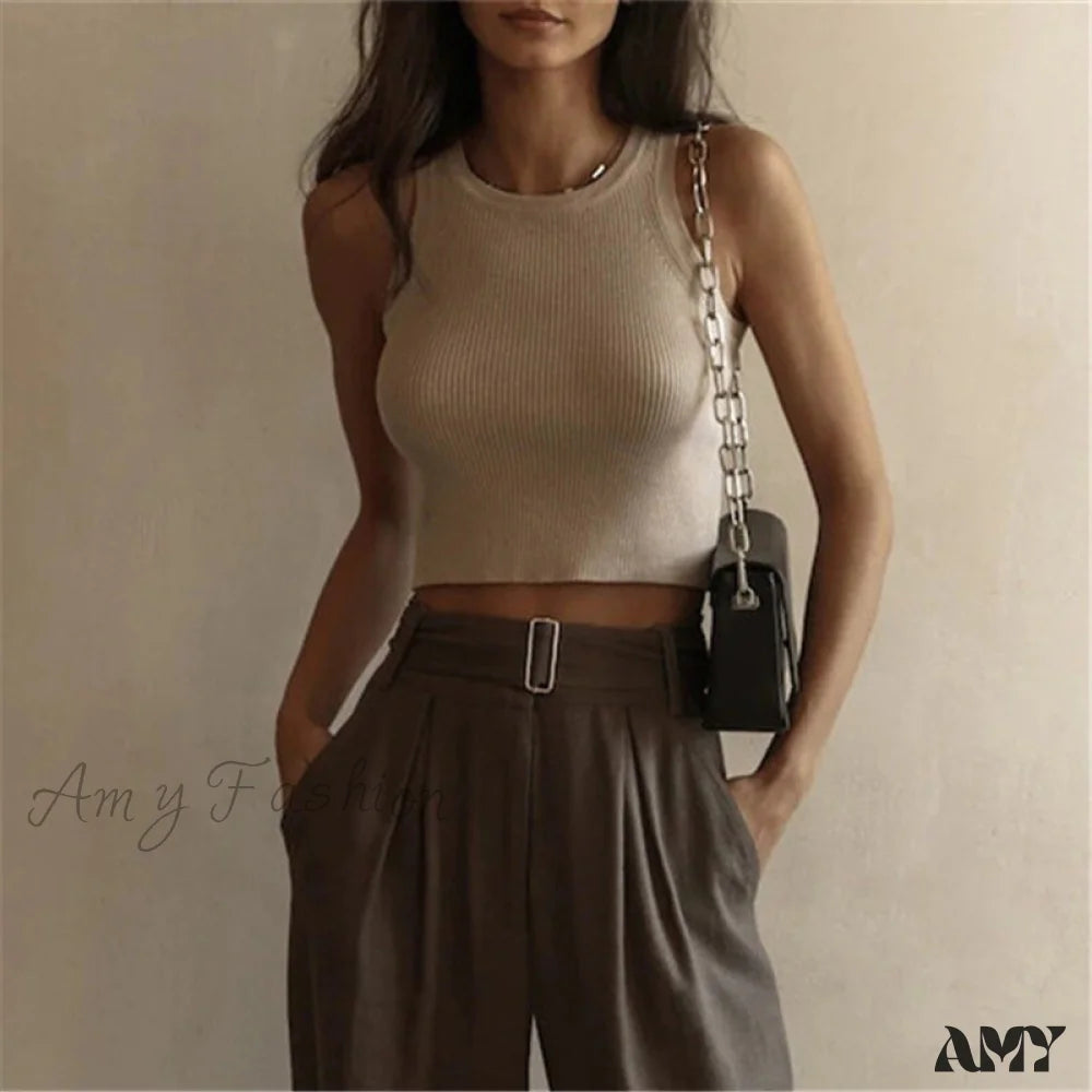 Amy Fashion - Y2K Sleeveless Knitted Crop Tops Khaki / S