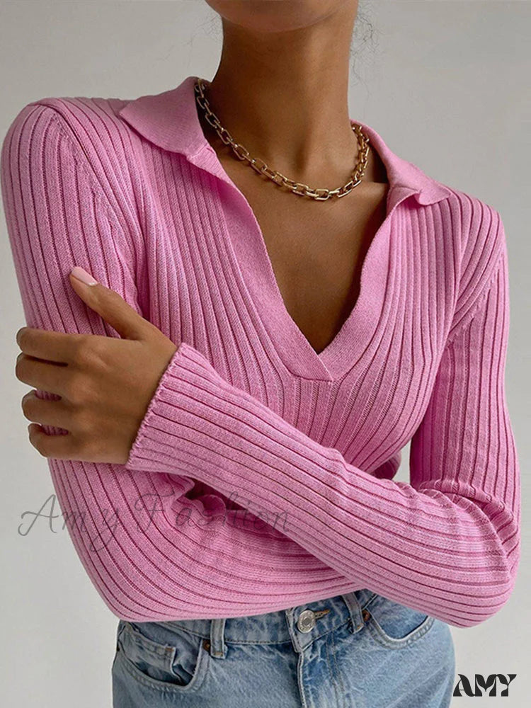 Amy Fashion - Y2K Solid Color Casual Knitted Sweater Pullover Pink / One Size