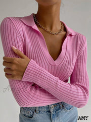 Amy Fashion - Y2K Solid Color Casual Knitted Sweater Pullover Pink / One Size