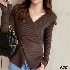Autumn Knitted Base Solid Color V-Neck Tight Elastic Sexy Sweater Brown / One Size