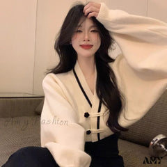 Autumn V-Neck Color Matching Loose Casual Gentle Style Sweater White / One Size