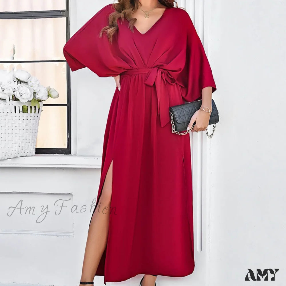 Autumn Winter Elegant Velvet Maxi Long Sleeve Pleated High Waist Female Casual Slim Fit Dress Red /