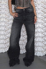 Jean en denim taille haute dégradé à strass scintillants