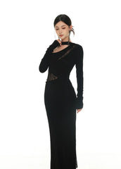 Robe de soirée longue noire à encolure asymétrique et empiècements en dentelle