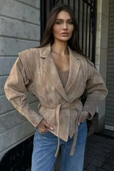 Belted Faux Suede Wrap Blazer