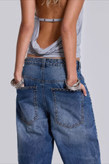 Jean en denim à jambes larges orné de perles