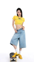 Short culotte en jean taille haute