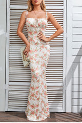 Floral Ruched Backless Tie Cami Mermaid Maxi Bodycon Dress