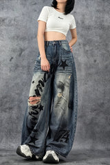 Distressed Letter Print Barrel Leg Jeans