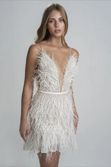 Backless Plunge Feathered Party Slip Dress