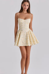 Strap Waist Puff Short Floral Dress