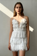 Deep V Feather Patchwork Short Slip Dress