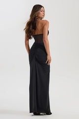 Robe de soirée longue crayon dos nu à empiècements en résille