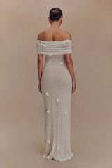 Robe de soirée longue bustier à fleurs, épaules dénudées