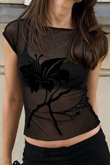 Velvet Floral Sheer Mesh Cap Sleeve Tee
